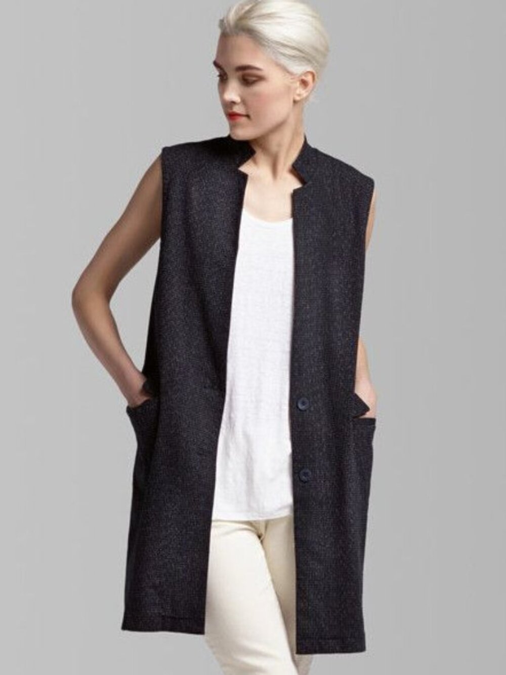 Eileen Fisher Black Rainfall Organic Cotton Textured Double Button Long Vest